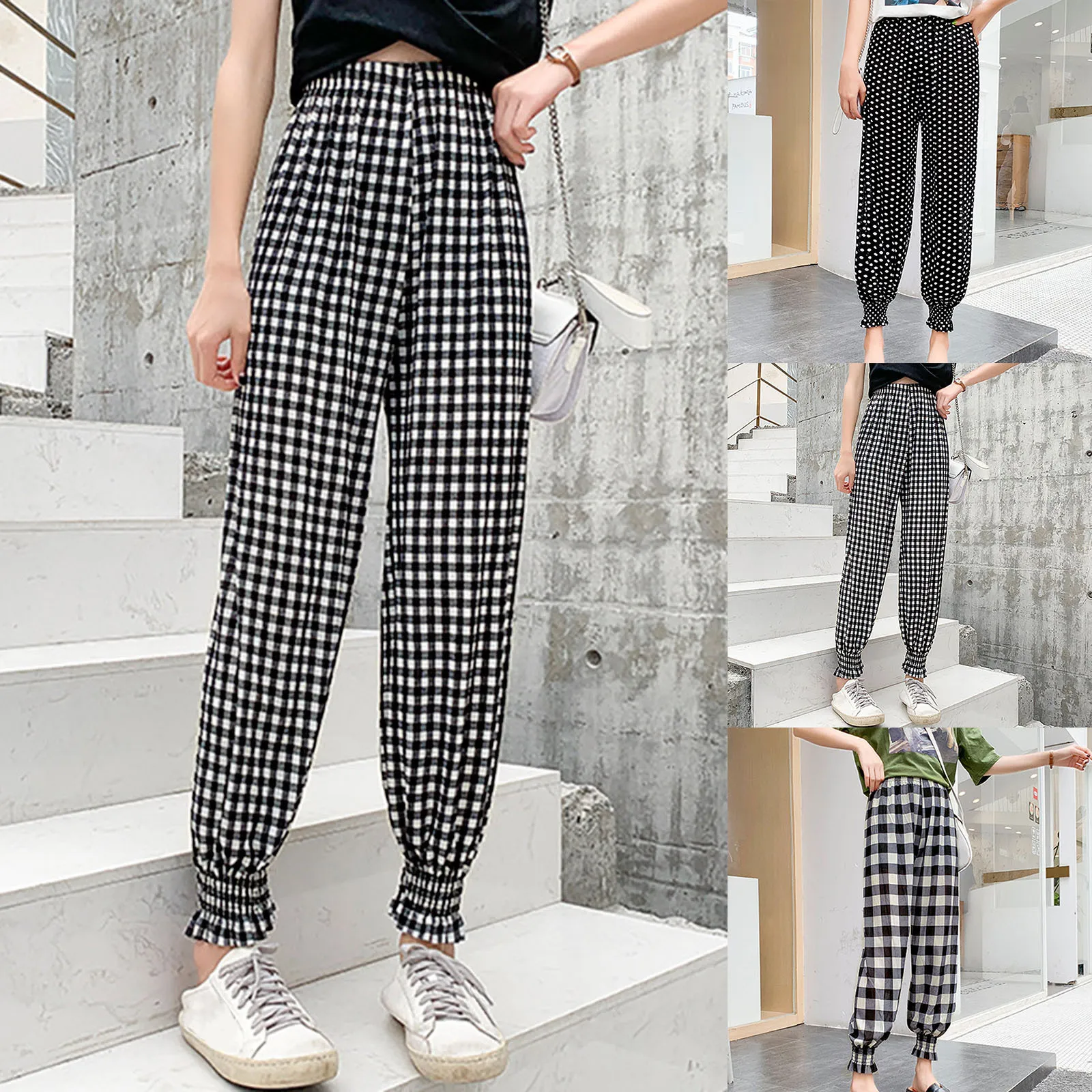 

2024 New Women's Spring And Summer Casual High Waist Plaid Decor Fashionable Comfortable Sports Long Pants Clothes For Women