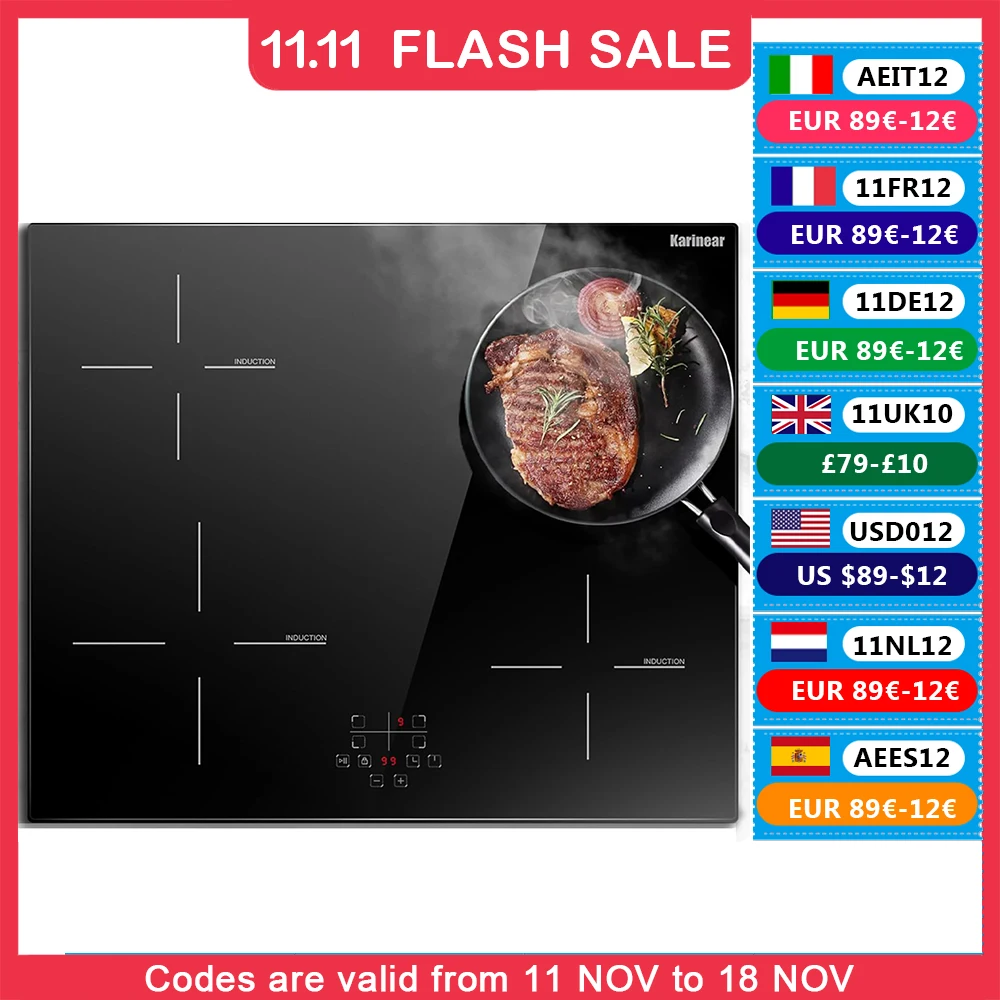 Karinear 24 Inch Induction Cooktop 4 Burners Electric Cooktop, Drop-in Induction Burner, 220-240V, 6400W, Hard Wired(No Plug)