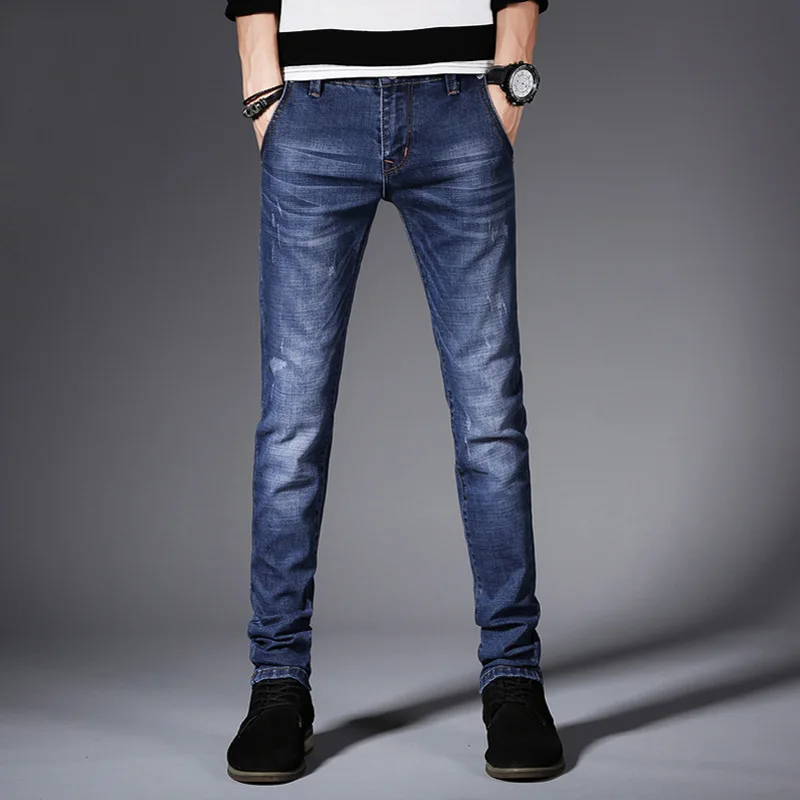 

Spring Summer Men Jeans Elastic Casual Multiple Pockets Feet Korean Slim Denim Trousers