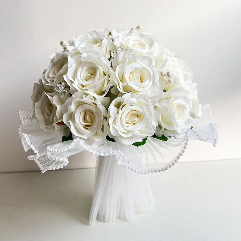 Bridal Bouquet Wedding Accessories for Bridesmaids Silk Roses Artificial Flowers Crystal Pearl Bride Bouquet Table Centerpiece