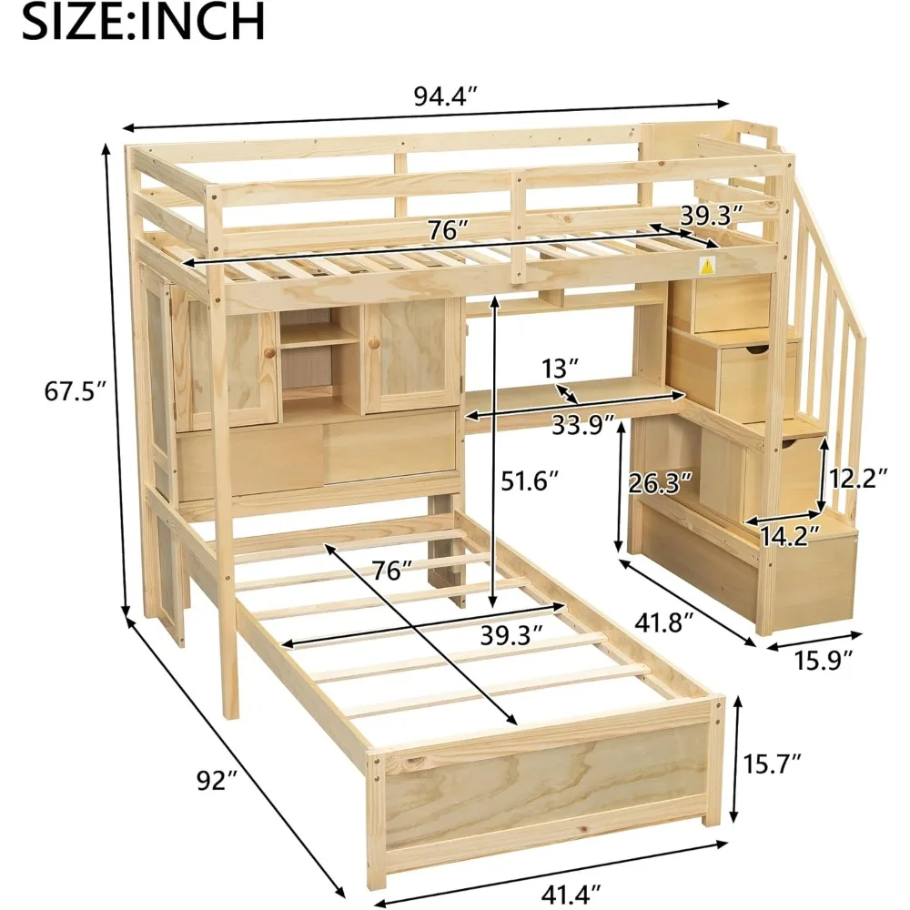 Twin Loft Bed.Twin Over Twin Bunk Beds with Stairs & Desk, Solid Wood Loft Bunk Bed with Storage Stairs Shelves and Drawers, 2