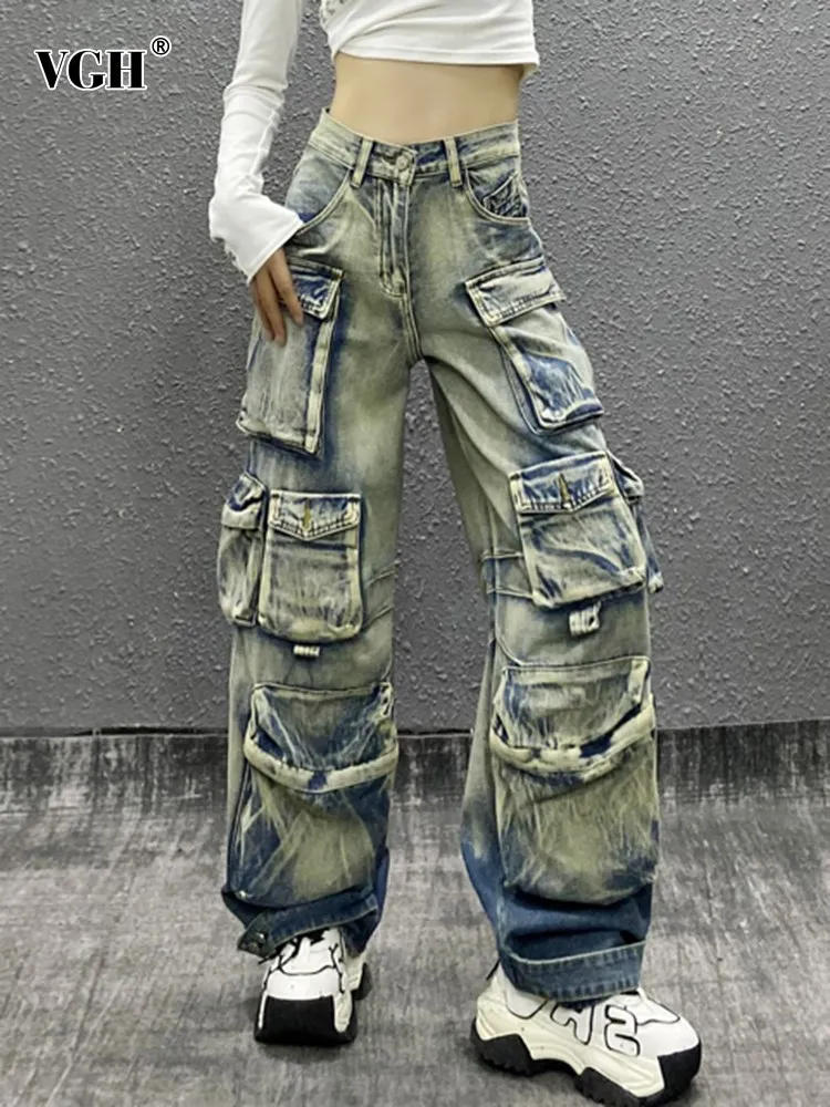 

VGH patchwork pocket loose denim trousers for women high waist spliced button streetwear cargo pants female fashion clothes new