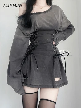 CJFHJE New Fairycore Grunge Goth Corset Dress Women Drawstring Harajuku Streetwear Bandage Slim Bodycon Dress Y2k Dresses Female 1