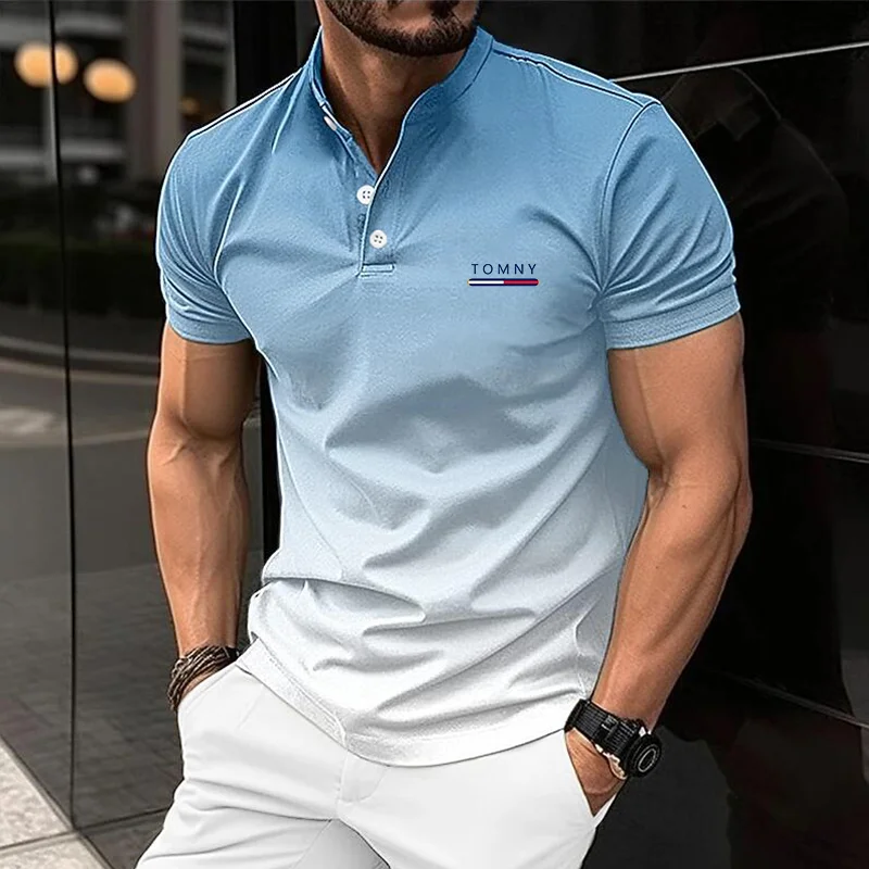 

European And American Summer Men's Button Polo Shirt Gradient Pattern Printed High-quality Polo Shirt Street Short Sleeved Men's