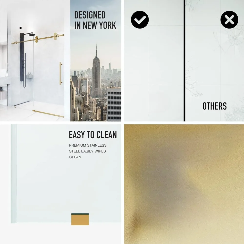 Adjustable Frameless Sliding Shower Door with Clear Tempered Glass, Matte Gold, 56-60 in. W x 74 in. H,  Shower Door 5