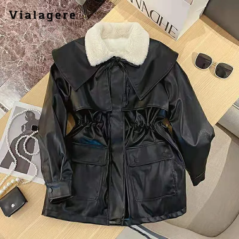 

Women's Casual Y2K Outwear Style Faux Leather Jacket 2023 Autumn Winter Vintage Loose Long Sleeve Patchwork Warm Jacket