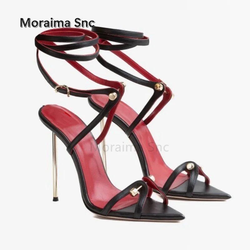 Metal Buckle Pointed Toe Women Sandals Cross Strap Metal Heel Stiletto Super High Heels Sexy Black Ladies Party Shoes Summer