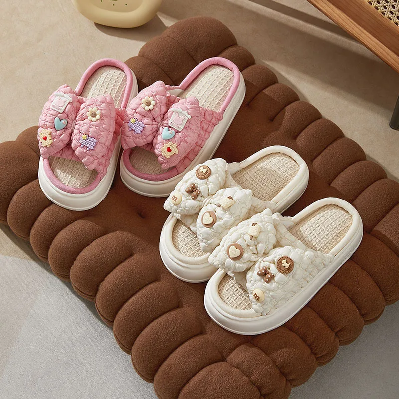 Hemp tow spring and summer cute bow female style outside the home to wear thick-bottomed latex linen slippers four seasons drag