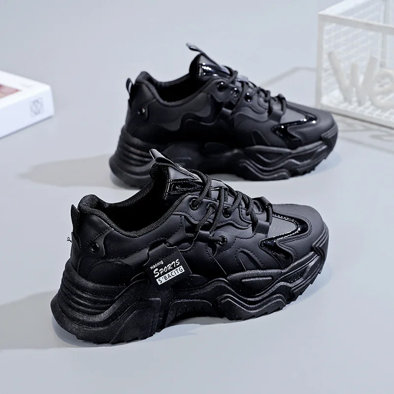 Women's Shoes Platform Autumn Leather 2023 New Versatile Black Casual Sneaker Solid Color Lace-up Vulcanize Shoes Tenis Feminino