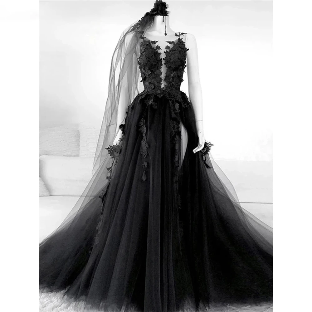 

Gothic Black Prom Dresses Sexy Backless High Side Split A-line Evening Dress Lace Formal Party Gowns With Veil Robe De Soirée