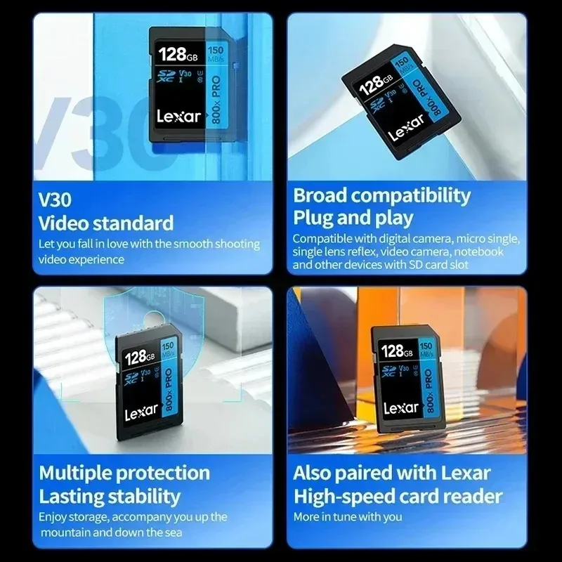 렉사 고속 UHS-I 150MB/s 800X 프로 SD 카드 (카메라용) 64GB 128GB 256GB 메모리 카드 클래스 10 3D 4K V30 비디오 카드