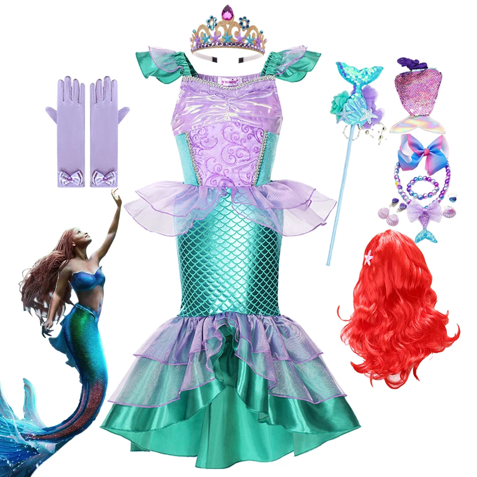 

2024 New Girls Little Mermaid Ariel Princess Dress Disney Vestidos Halloween Cosplay Kids Fancy Children Carnival Party Clothes