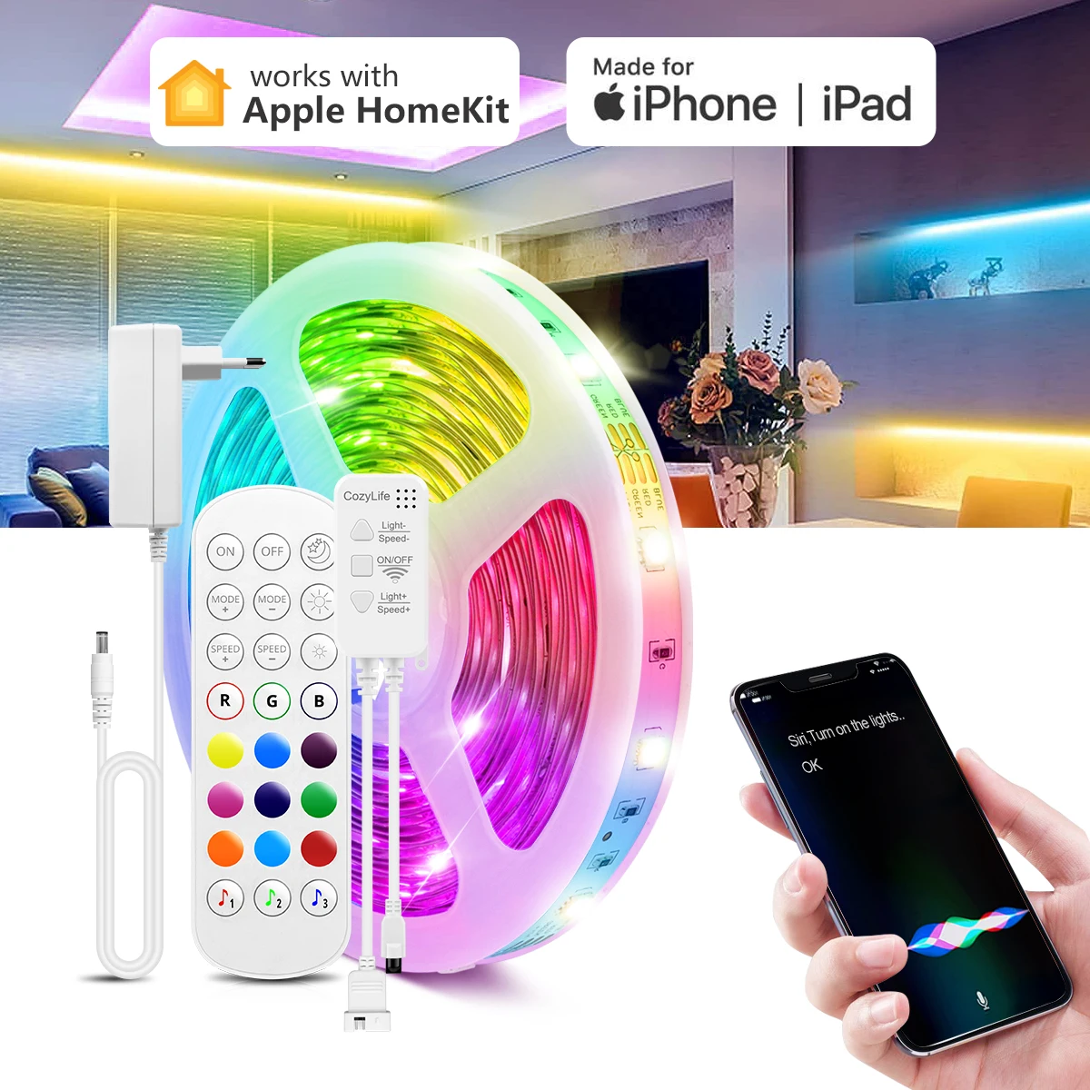 Comprar Homekit-tira de luces LED de neón RGB de 12V CC, WiFi inteligente,  Control por voz Siri, funciona con Apple Home Kit, señal de neón para  decoración navideña Roon