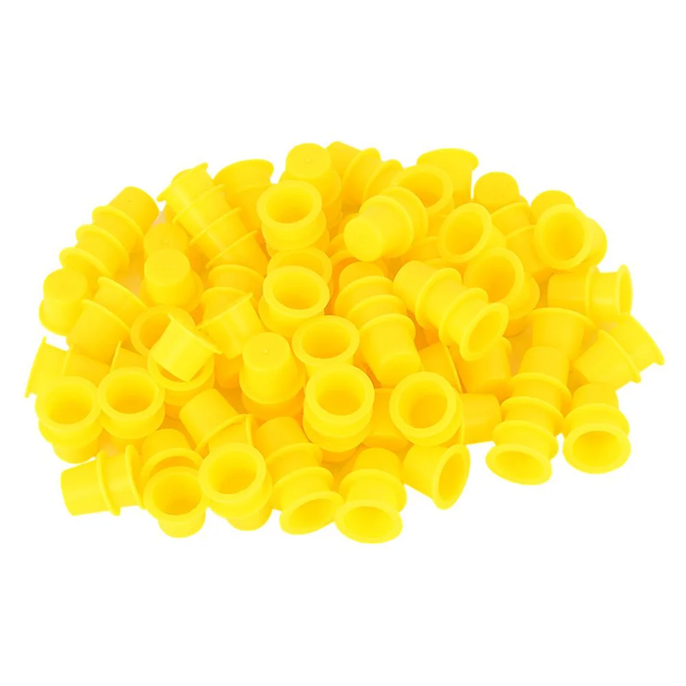 

100pcs Ink Caps Disposable Plastic Ink Cups Permanent Eyelash Makeup Eyebrow Tattooing Pigment Container Size M (Yellow)