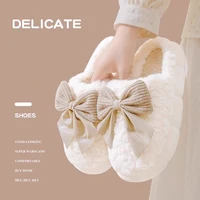 Cotton slippers for women bow slippers for autumn and winter warm for women thick soled non slip home plush slippers 1