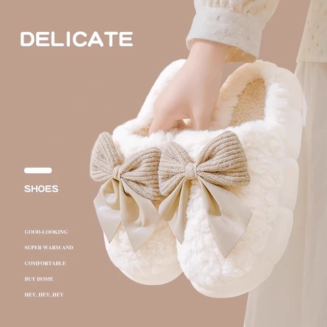 Cotton slippers for women bow slippers for autumn and winter warm for women thick soled non slip home plush slippers 1