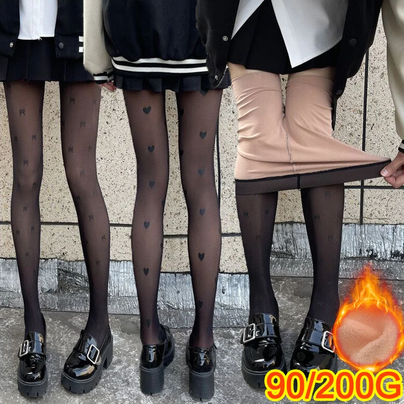 

90/200g Y2K Dot Heart Print Stockings Women Sexy High Elastic Fake Translucent Thermal Tights Leggings Pantyhose Long Socks