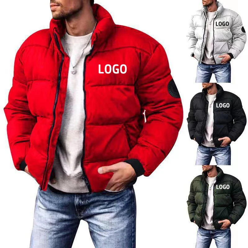 

Custom Logo Men Standing Collar Down Cotton Jacket with Thick Solid Color Zipper Loose Fitting Coat Fashion Casual Clothes