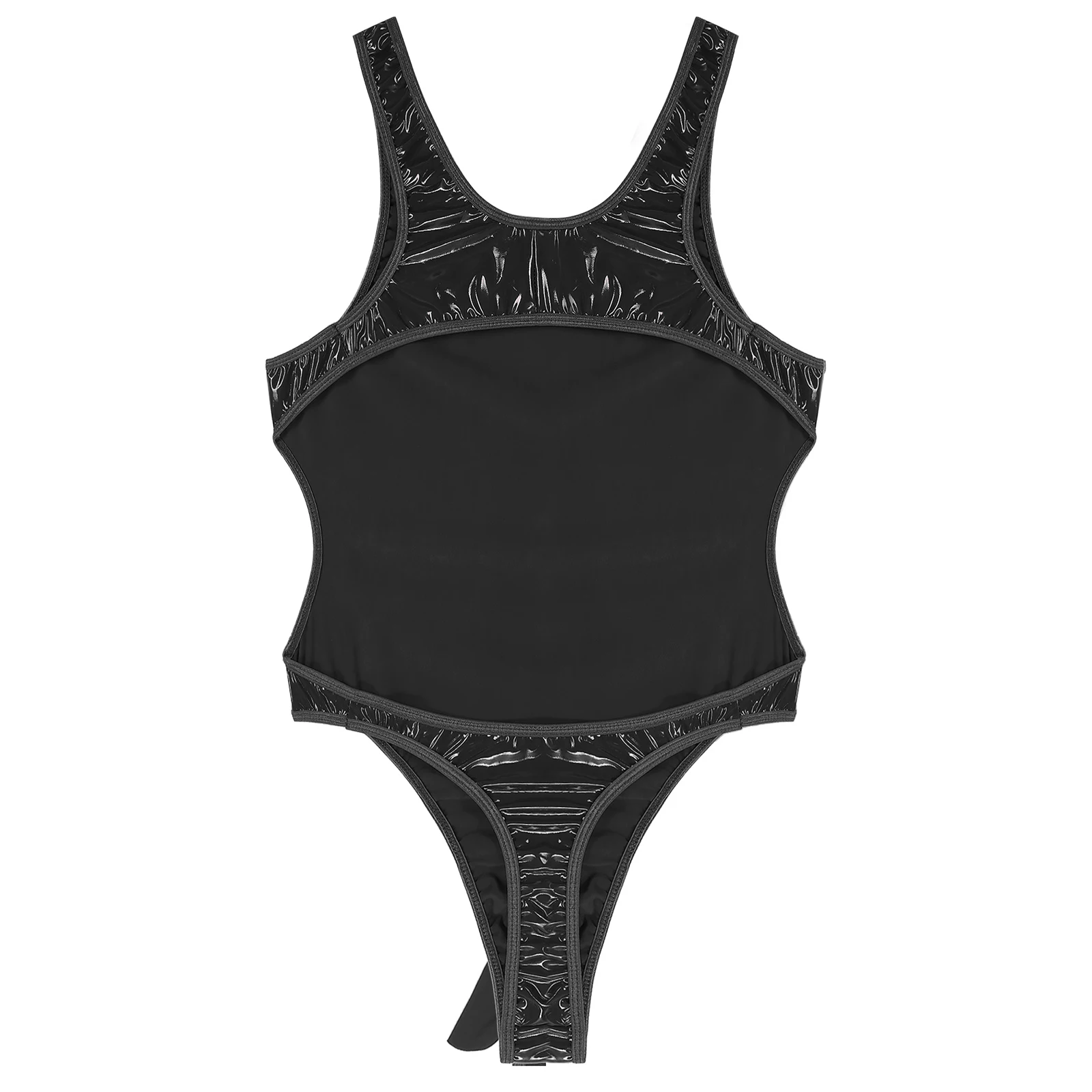 Mens Lingerie Bodysuit Underwear Bulge Pouch Sleeveless Bodysuit Wet Look Patent Leather High Cut U Neck Cutout Back