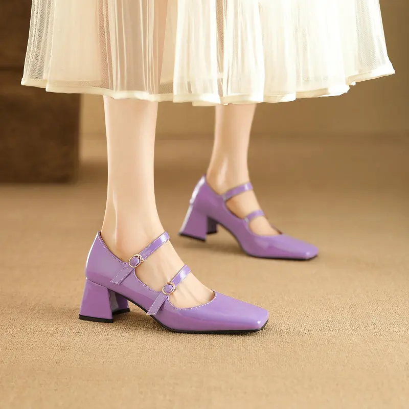 French Style Women's Pumps Mary Janes Heeled Shoes 2024 Summer Autumn Patent Leather Elegant Footwear