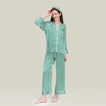 Striped Pure Silk Sleepwear Two Piece Pajama Set Ladies Thin Pyjamas Long Sleeve Sleepwear Printed Women Pijama Home Nightwear