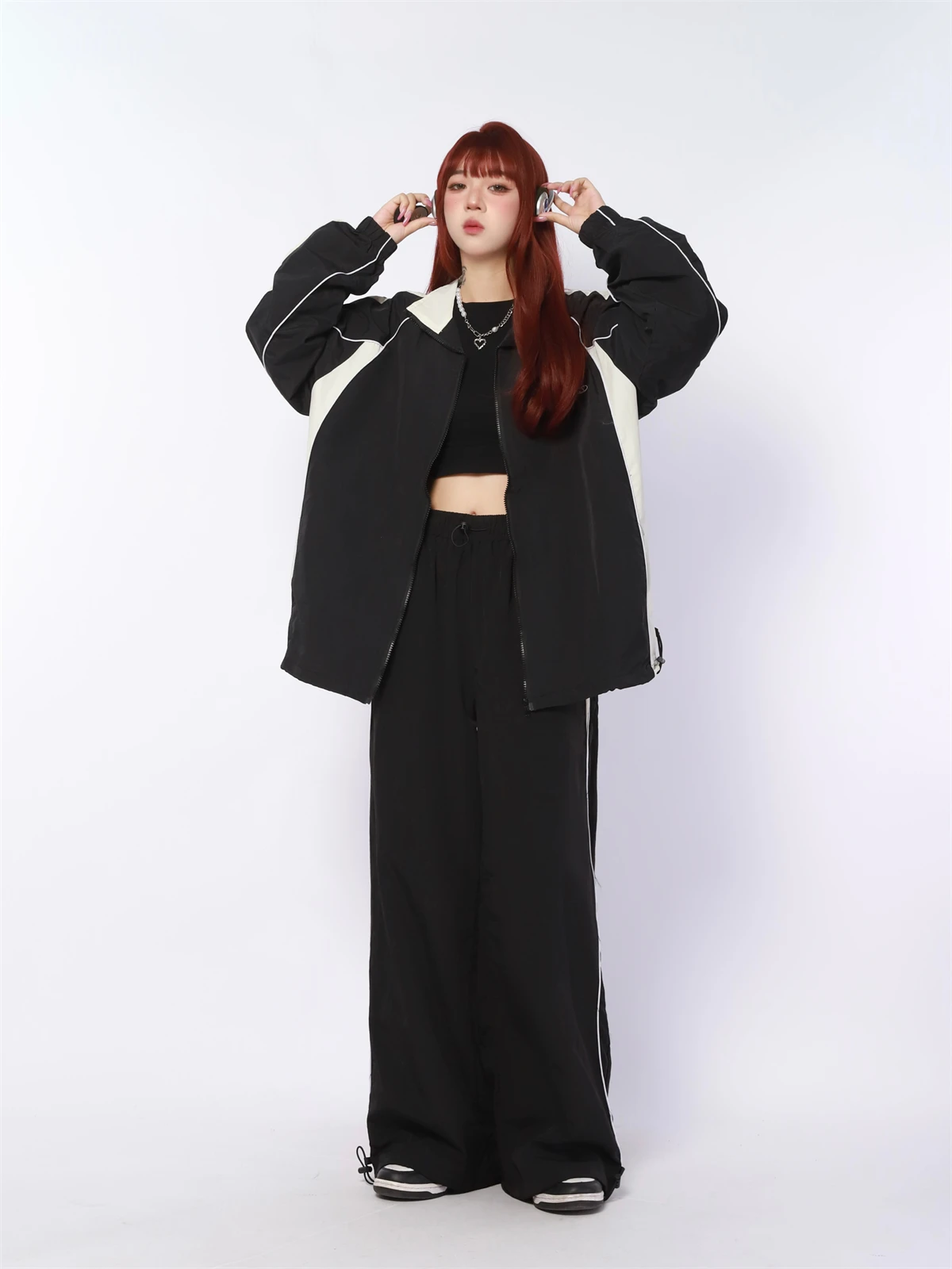 QWEEK Y2K Streetwear Black Pants Sets Women Gorpcore Vintage Hip Hop Patchwork Jacket Oversized Harajuku Kpop Fashion Sweatpants