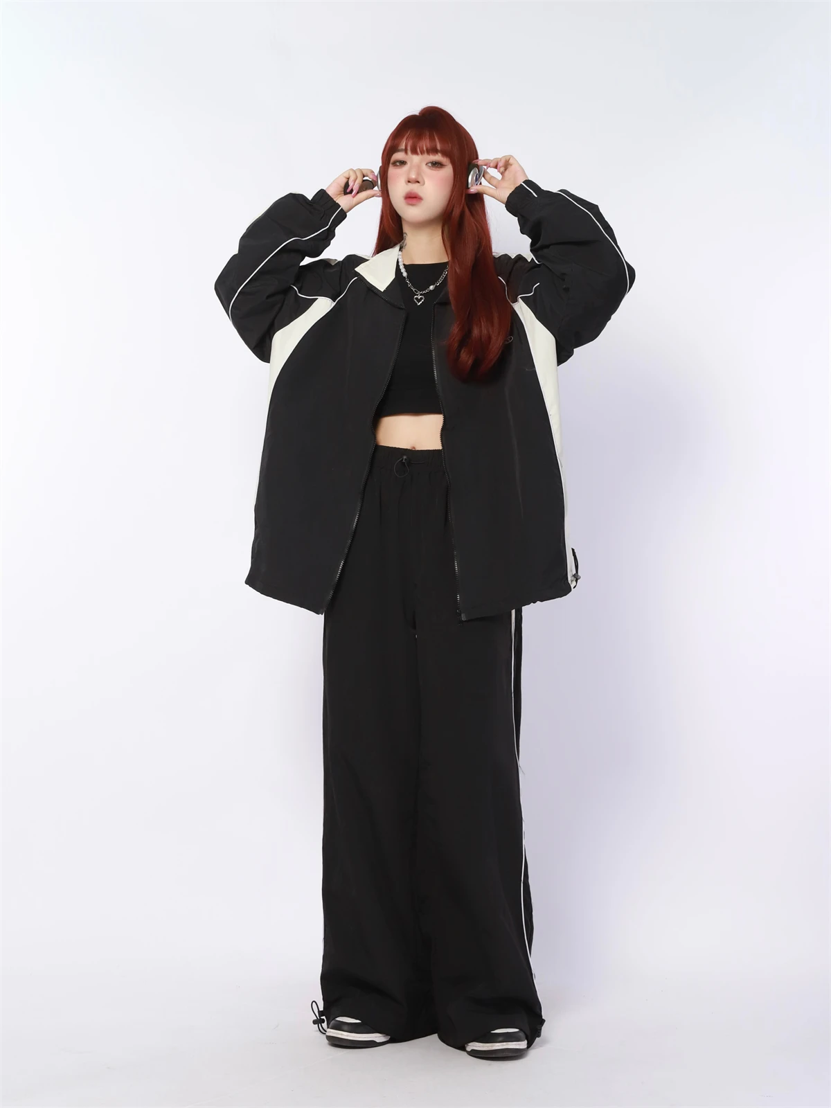 QWEEK Y2K Streetwear Black Pants Sets Women Gorpcore Vintage Hip Hop Patchwork Jacket Oversized Harajuku Kpop Fashion Sweatpants qweek trashy y2k grunge cargo jeans women black gothic baddies streetwear baggy denim pants autumn harajuku fashion korean style