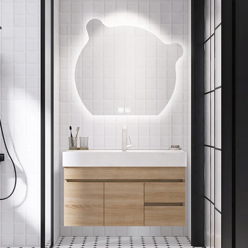 Modern simple ceramic integrated large basin light luxury washbasin washbasin smart mirror log color bathroom cabinet log color