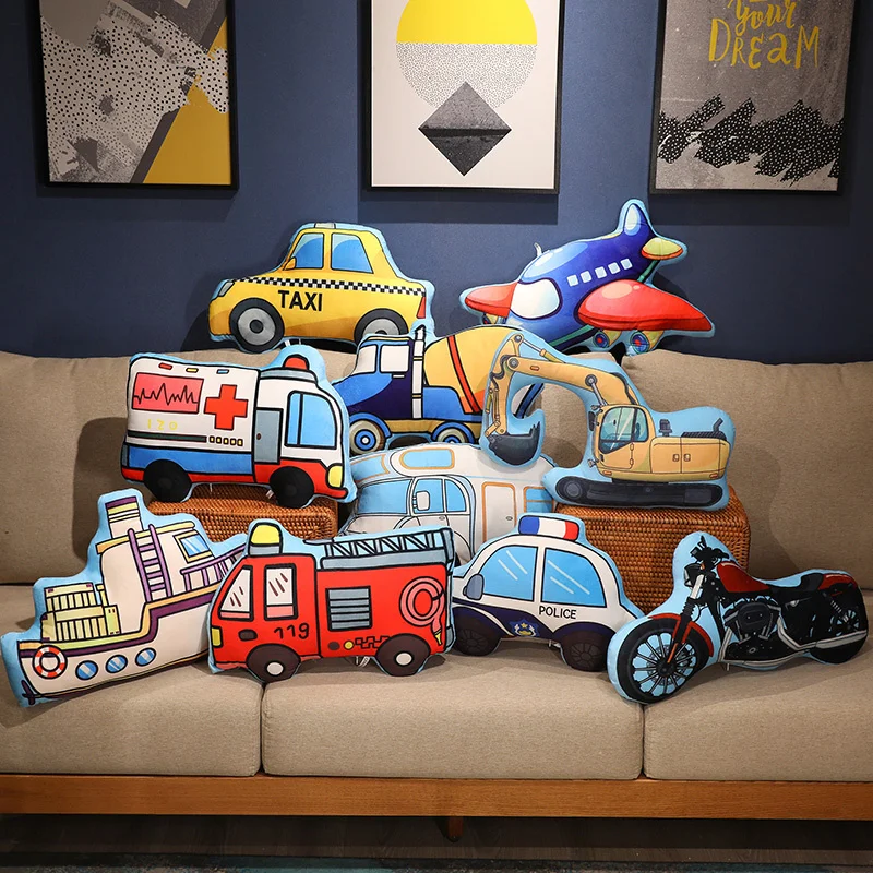 Cartoon Vehicles Plushies Car Fire Truck Excavator Motor Plane Plush Toys Stuffed Doll Pillows Cushion Gifts for Kids Home Decor factory home security fire 2 wire heat alarm sensor conventional system smoke detector