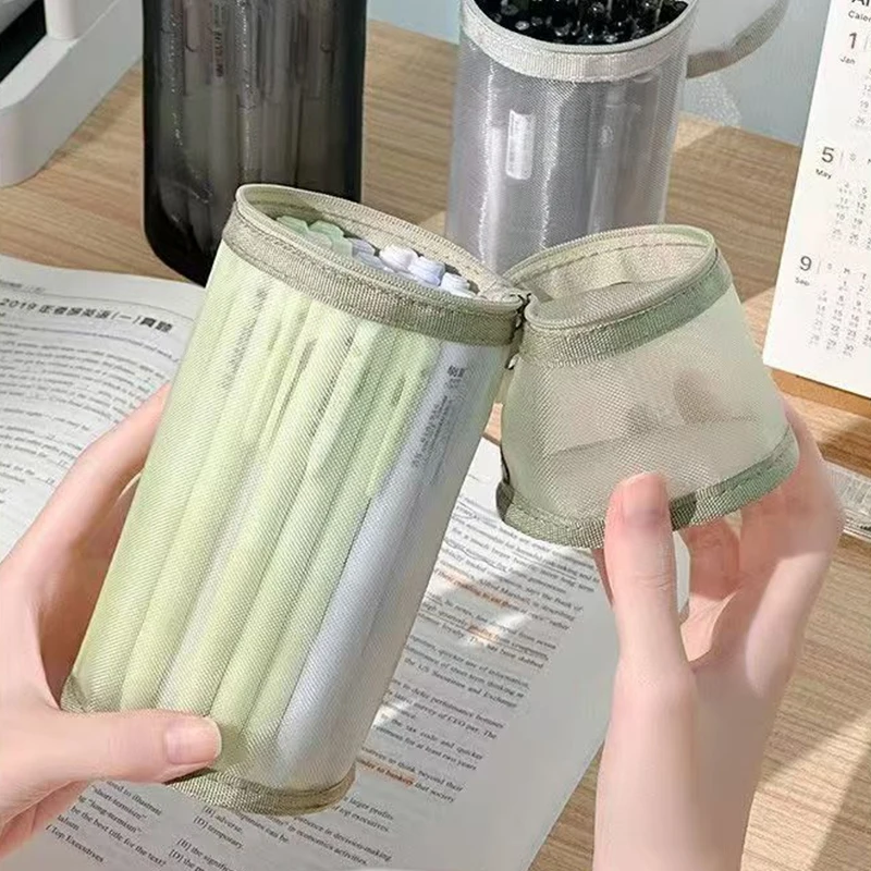 1Pcs 메쉬 연필 케이스 투명 편지지 가방 학교 학생을위한 휴대용 펜 가방 Office 편지지 주최자 스탠딩 펜 홀드