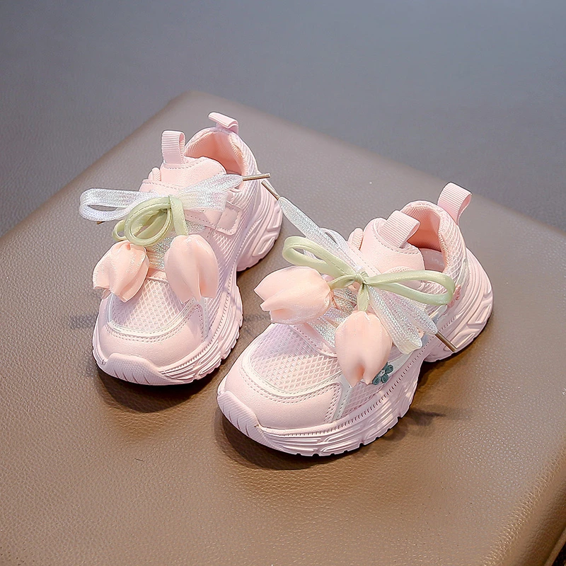 Girls Sneakers Toes Capped Soft Sole Kids Princess Casual Shoes with Sweet Flower 2025 Autumn New Children Sports Shoes Non-slip