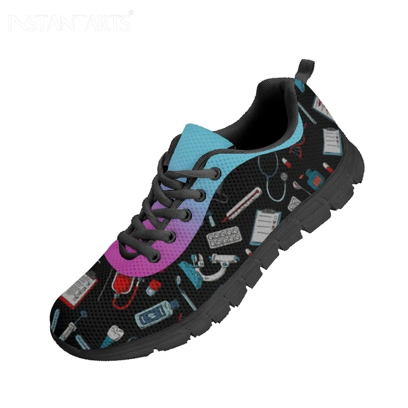 INSTANTARTS New Style Women Lace up Sneakers Casual Nursing Flat Shoes Breathable Soft Medical Print Running Shoes for Femme