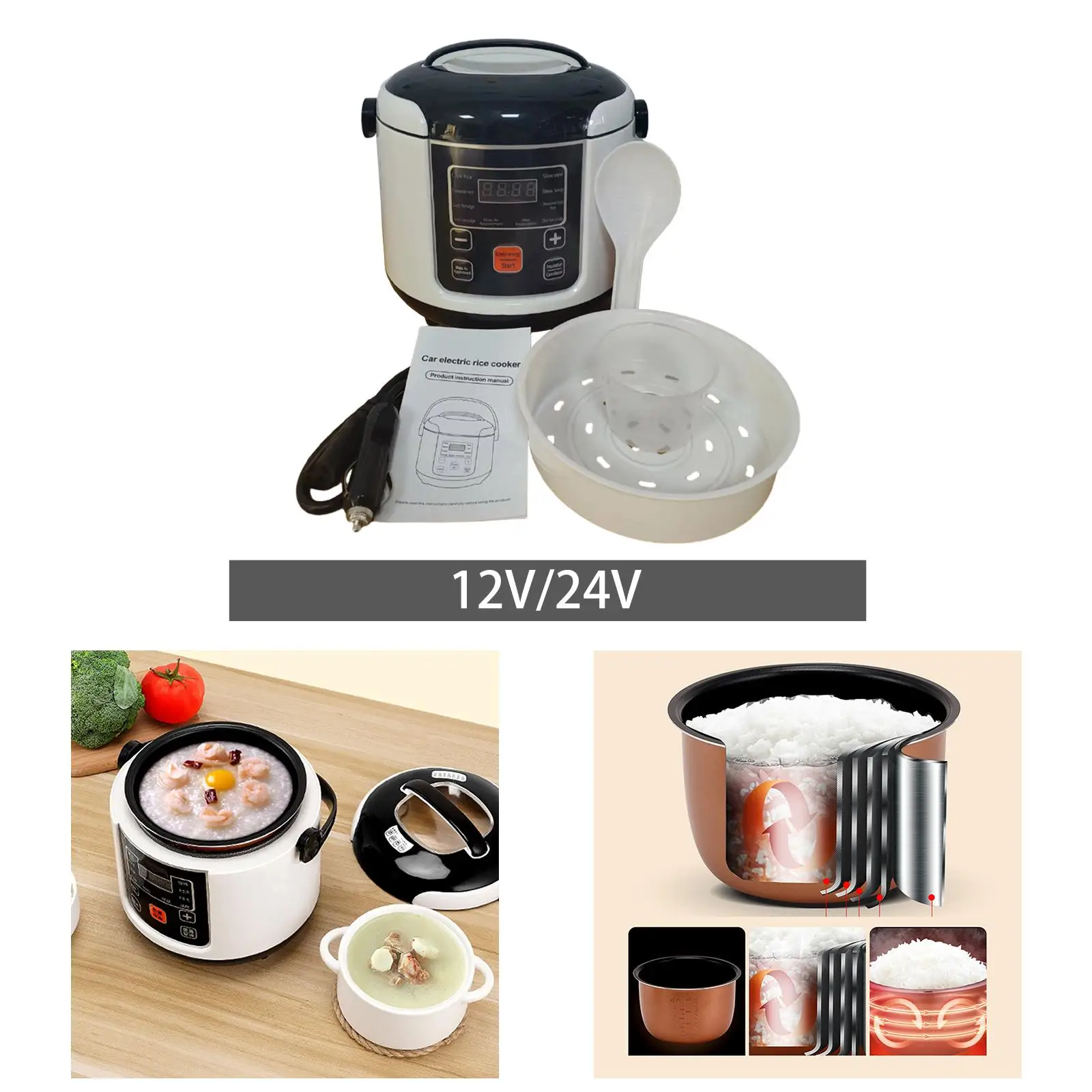 Rice Cooker for Car Travel Rice Cooker 2L Multifunction Small with Steaming Tray Vehicle RV Trip Electric Rice Cooker