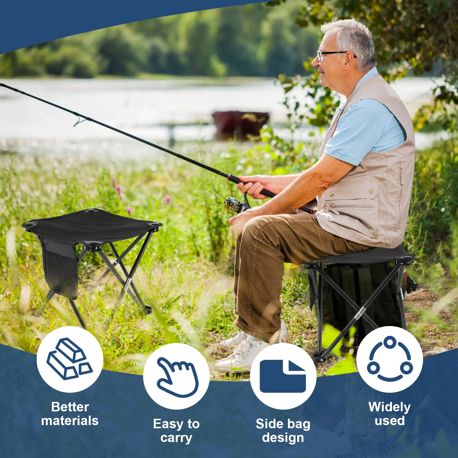 Outdoor Portable Folding Stool Oxford Cloth Folding Camping Stool With Side Pocket Hiking Beach Travel Picnic Fishing Seat Tools