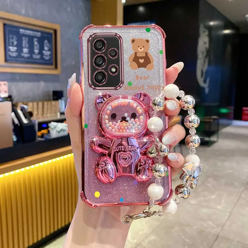 Glittery Pearl Strap Bear Phone Holder Case with Lanyard and Stand Feature