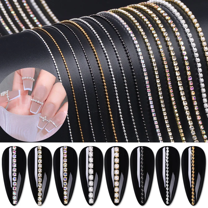 0.8mm/1.0mm/50cm 네일 체인 참 골드 실버 네일 스톤 비즈 3D 장식 액세서리 금속 강철 볼 체인 네일 아트 쥬얼리