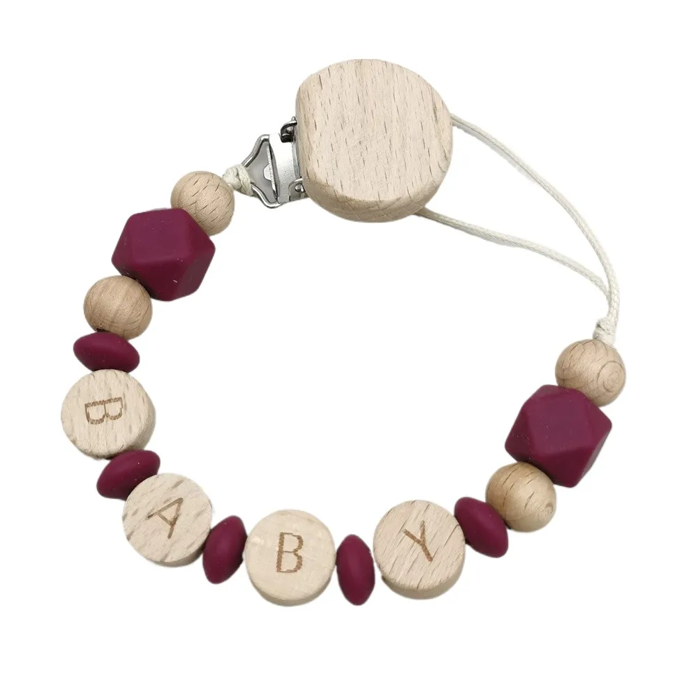 Baby Personalized Name Wooden & Silicone Beads Pacifier Clip, BPA-Free Dummy Holder Leash, Teething Pacifier Chain