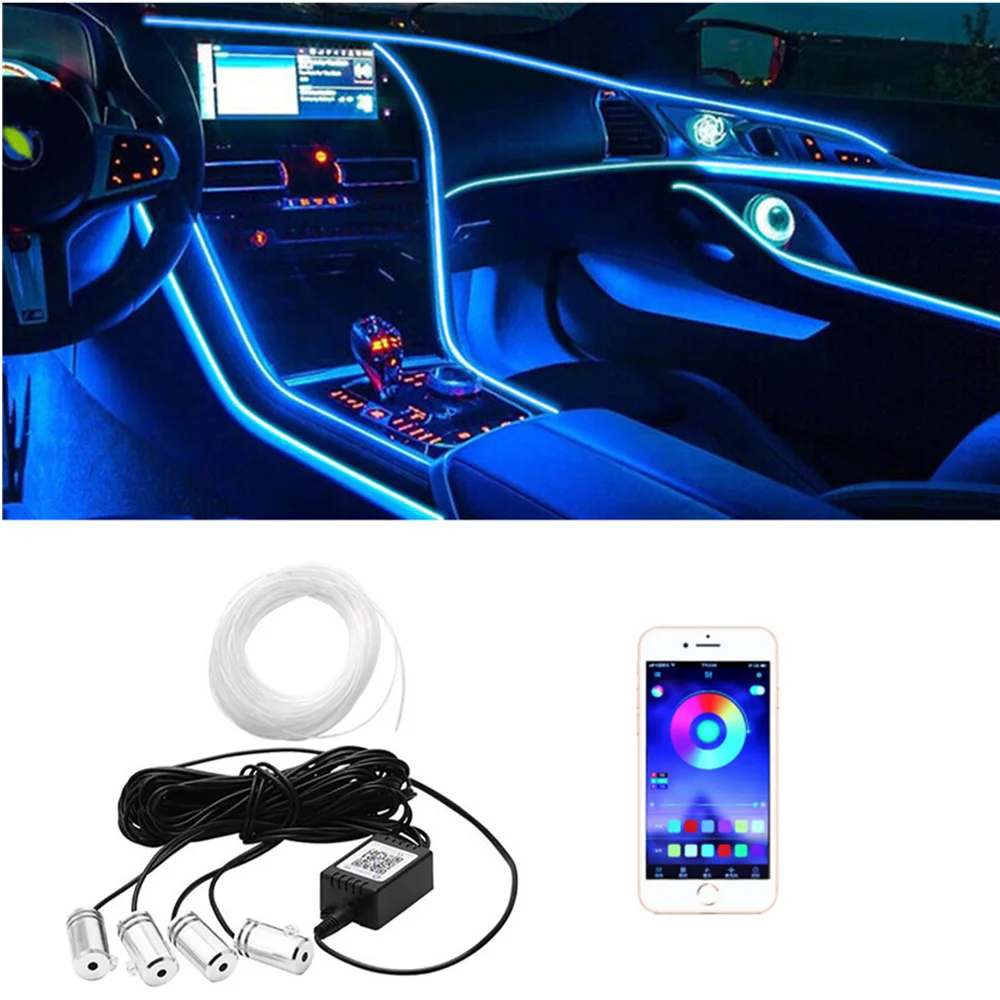 

4n1 Car Ambient Lights Car Interior Guide Fiber Strip Backlight RBG Decoration Atmosphere Lamp USB APP Music Control LED Strip