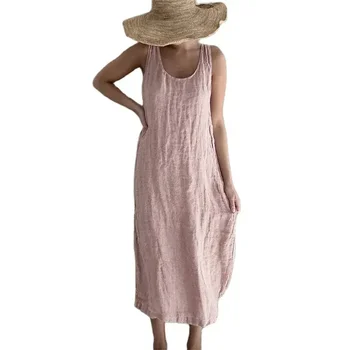 Women Comfortable Casual Cotton Linen Dresses 2026 Summer Solid Color Side Pockets Dress Female O Neck Pullover Sleeveless Gown 1