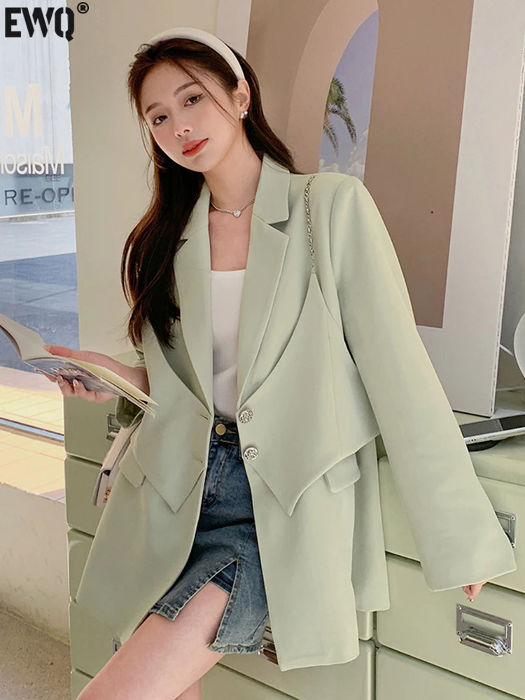 

[EWQ] Chain Patchwork Fake Two-piece Blazer Coat Elegant Women Long Sleeve Light Green Suit Jacket 2023 Autumn Winter New 6U4288