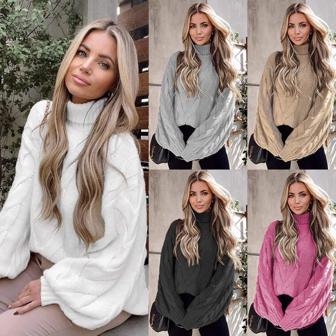 

2024 Winter Women's Wear Horn Sleeve Pullover Knitted Shirt Large Size High Neck Fried Dough Twists Sweater Women's Thick