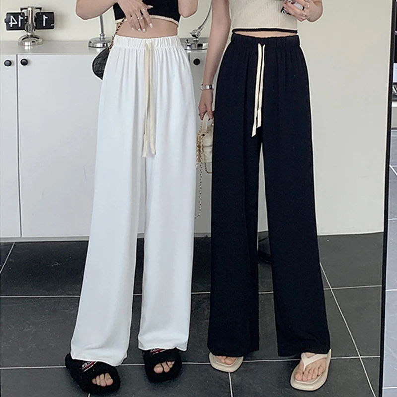 

Rimocy Spring Summer Wide Leg Pants for Women Drawstring High Waisted Casual Trousers Woman Solid Color Straight Pants Female