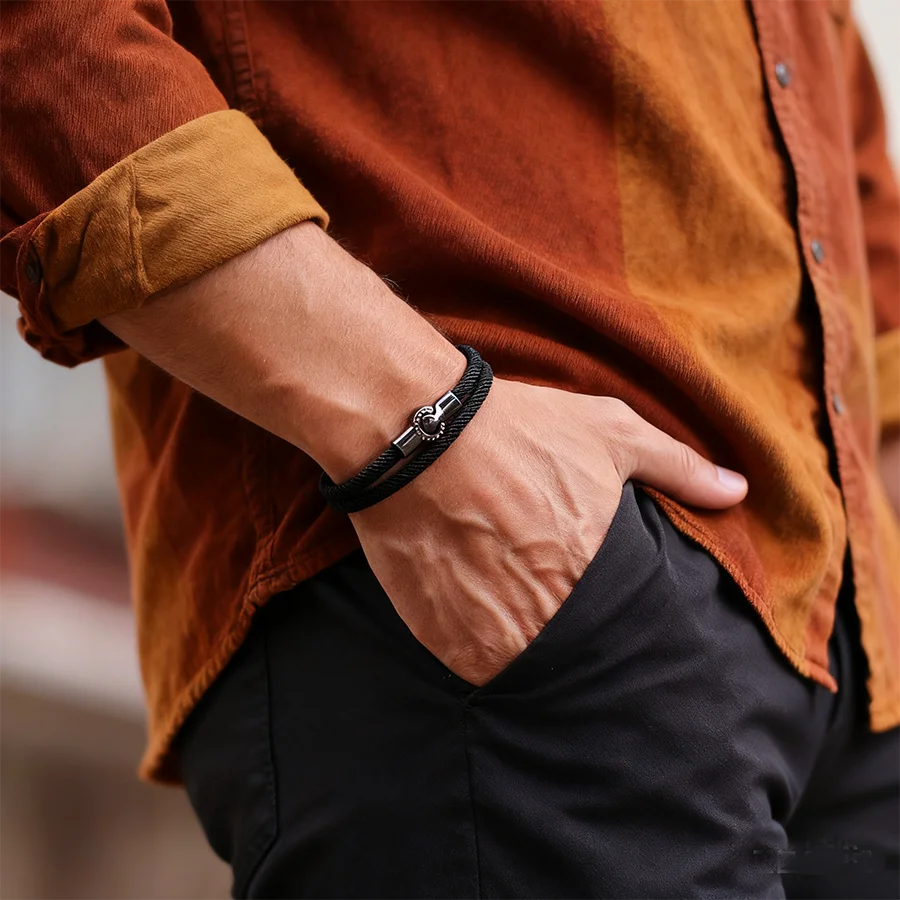 Mens Alloy Bilayer Magnet Buckle Cord Chain Bracelet