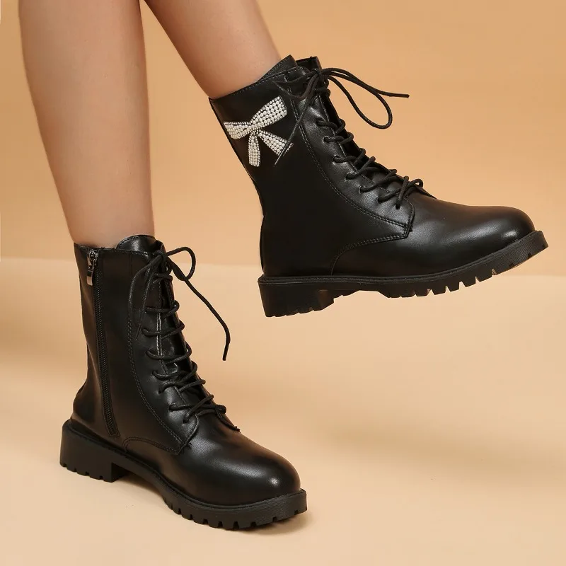 

Ladies Shoes on Sale 2023 Fashion Lace Up Women's Boots Autumn Round Toe Solid Sequins Naked Boots Chunky Heels Mid Calf Boots