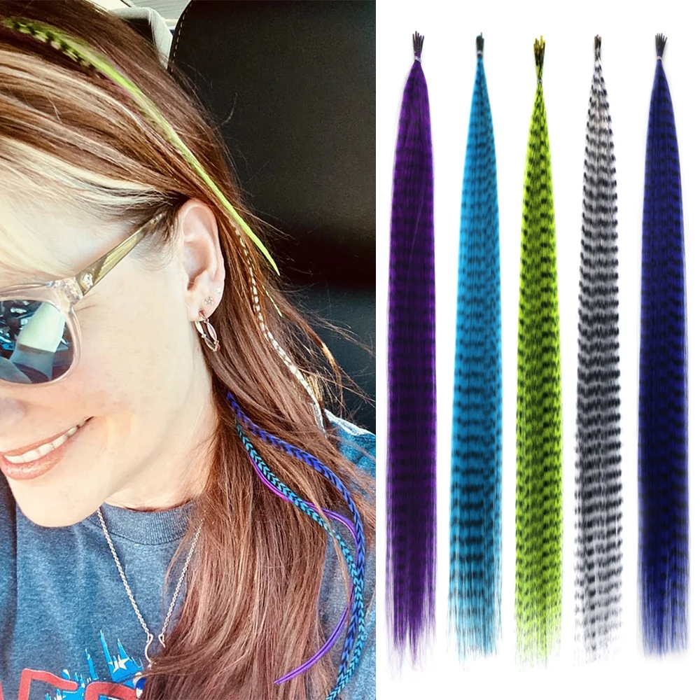Extensión de cabello de plumas coloridas con punta I de 50 raíces de 16 pulgadas, fibra sintética recta, para festival de música de carnaval, fiesta de Navidad