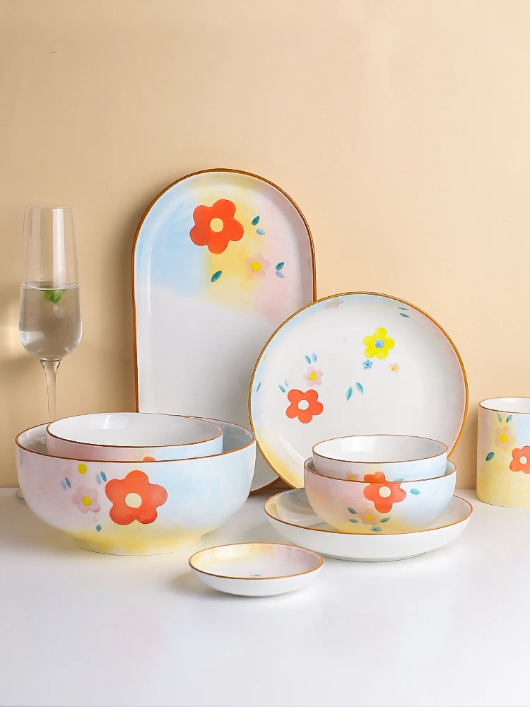 Ceramic 4.5inch Rice Bowls 6inch Salad Bowl 14 Inch Plates Creative Japan Style Cartoon Floral Under Glazed Porcelain Dinnerware