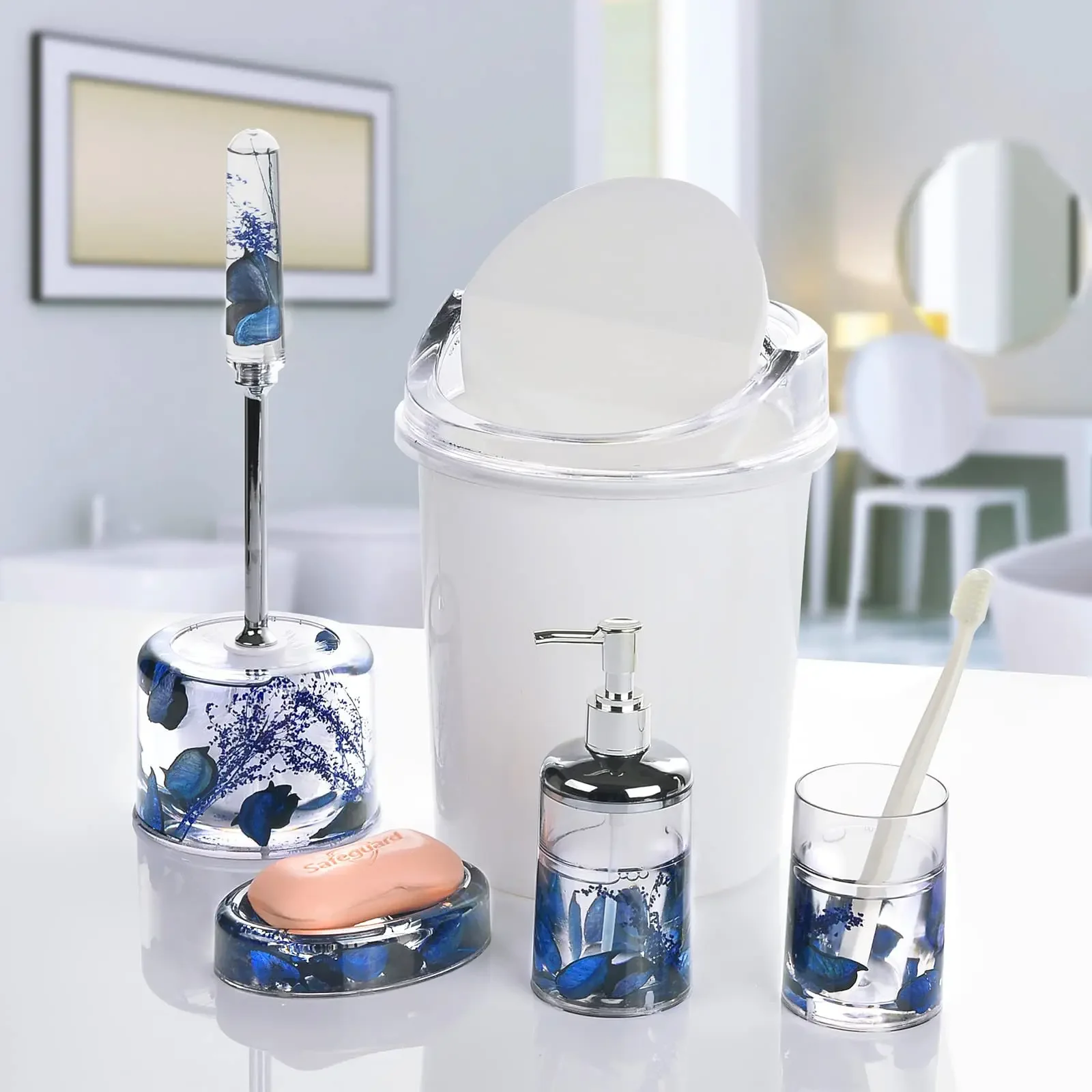 

5-piece Bathroom Toiletries Set, Toothbrush Cup, Toilet Brush, Trash Can, Soap Box, Hand Sanitizer Bottle Decoration Accessories