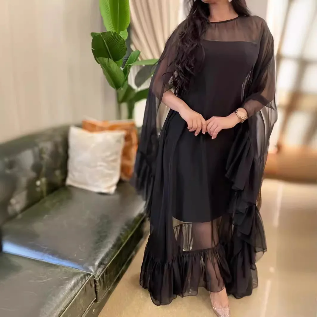 

Women Sexy Mesh Dress Party Cape Perspective Big Swing Spring Summer Banquet Black Round Neck Elegant Loose Long Cloth