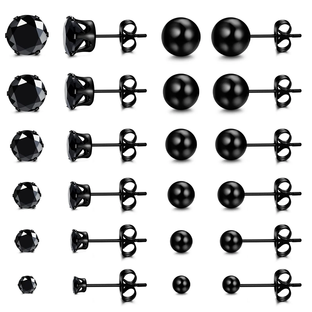 Stainless Steel Round Cubic Zirconia Ball Stud Earrings Set Punk Piercing Jewelry 3-8mm 1 Pair for Men Women