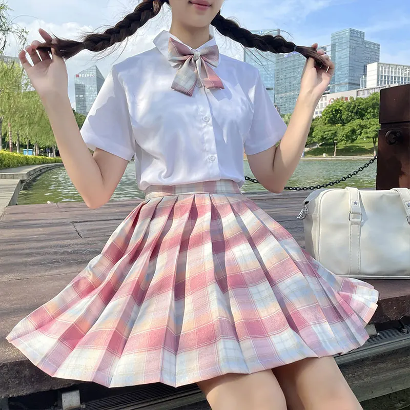 

Japanese School Girls High Waist Pleated Skirts Pink Plaid Skirts Women Dress Short Sleeve JK School Uniform Students Clothes